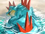  claws fangs fangs_out feraligatr fish from_behind gen_2_pokemon highres no_humans pecohophop pokemon pokemon_(creature) wading water wet yellow_eyes 