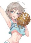  1girl ahoge anastasia_(idolmaster) armpits blue_eyes breasts cheerleader crop_top highres idolmaster idolmaster_cinderella_girls idolmaster_cinderella_girls_starlight_stage loose_clothes midriff navel no_bra pom_poms rum_raisin_(chihiromakita19) shirt short_hair silver_hair sleeveless sleeveless_shirt sweat 