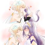  2girls bare_shoulders blonde_hair blush cat closed_eyes commentary english_commentary eye_contact facing_another flower from_side genshin_impact hair_flower hair_ornament heart imminent_kiss kaylaaae keqing_(genshin_impact) long_hair looking_at_another lumine_(genshin_impact) multiple_girls profile purple_hair red_eyes sweat transformation twintails upper_body white_flower yellow_eyes yuri 