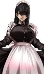  1girl apron bangs black_dress black_hair breasts buttons character_request copyright_request dress highres hoshi_san_3 large_breasts long_hair maid maid_day maid_headdress mole mole_under_eye mole_under_mouth sidelocks simple_background solo waist_apron white_background 
