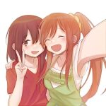  2girls :d ^_^ amber_golley brown_hair closed_eyes hair_between_eyes hand_on_another&#039;s_shoulder highway_blossoms inuko_(ink0425) long_hair marina_hale medium_hair multiple_girls one_eye_closed open_mouth orange_hair ponytail selfie side-by-side smile v white_background yuri 