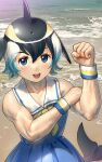 1girl :d absurdres bangs bare_shoulders beach biceps black_hair blowhole blue_dress blue_eyes blue_hair collarbone commentary common_dolphin_(kemono_friends) day dolphin_tail dress eyebrows_visible_through_hair flippers hair_between_eyes highres kemono_friends looking_at_viewer multicolored_hair muscular muscular_female open_mouth outdoors sailor_dress short_hair smile solo tail upper_teeth water welt_(kinsei_koutenkyoku) white_hair wristband