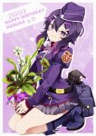  1girl belt belt_bag blue_archive boots dated full_body hair_between_eyes hair_ornament hairclip haruka_(blue_archive) hat medium_hair military military_hat plant pot purple_hair simple_background solo stuffed_toy sweat violet_eyes 