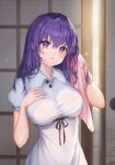  1girl bangs black_ribbon breasts dress eyebrows_visible_through_hair fate/stay_night fate_(series) hair_between_eyes highres large_breasts looking_at_viewer matou_sakura purple_hair ribbon short_sleeves solo towel violet_eyes wet wet_hair white_dress yoruri 