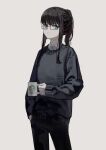  1girl absurdres bangs black_hair black_pants black_sweater blue_eyes coffee_mug cowboy_shot cup glasses grey_background highres holding holding_cup long_hair long_sleeves looking_at_viewer mole mole_under_eye mole_under_mouth mug original pants parted_lips ponytail sidelocks simple_background solo sweater yoon_cook 