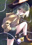  1girl absurdres adapted_costume blurry bokeh boots depth_of_field dfra expressionless eyeball foot_out_of_frame from_side green_eyes green_hair green_skirt hair_between_eyes hat heart heart-shaped_pupils highres hood hoodie huge_filesize komeiji_koishi leg_up looking_at_viewer looking_back short_hair skirt solo sweater symbol-shaped_pupils third_eye touhou yellow_sweater 