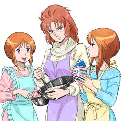  3girls blue_eyes breasts clone closed_mouth cooking elpeo_puru glasses gundam gundam_unicorn gundam_zz kei-co long_hair looking_at_viewer marida_cruz multiple_girls open_mouth orange_hair puru_two short_hair simple_background smile sweater violet_eyes white_background 