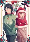  2girls :o arms_behind_back bangs bell black_hair black_pants blush capelet chabashira_tenko cheer_(cheerkitty14) christmas_ornaments cowboy_shot dangan_ronpa_(series) dangan_ronpa_v3:_killing_harmony english_commentary green_eyes green_sweater hair_ornament hair_ribbon hat hat_removed headwear_removed heart highres hood hood_down jewelry long_hair looking_away mole mole_under_mouth multiple_girls necklace pants pink_sweater red_eyes red_ribbon redhead ribbon santa_hat skirt sleeves_past_fingers sleeves_past_wrists smile sparkle sweater witch_hat yumeno_himiko 