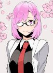  1girl bangs black-framed_eyewear black_shirt blush commentary fate/grand_order fate_(series) flower glasses grey_background hair_ornament hair_over_one_eye hairclip highres jacket looking_at_viewer mash_kyrielight naosuke_(morioka_shachuu) necktie opaque_glasses pink_eyes pink_flower pink_hair red_neckwear semi-rimless_eyewear shirt short_hair simple_background smile solo 