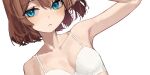  1girl bare_arms blue_eyes bra breasts brown_hair collarbone dutch_angle highres light_blush looking_at_viewer nuri_(yoon_cook) original parted_lips short_hair simple_background small_breasts solo underwear underwear_only upper_body white_background white_bra yoon_cook 
