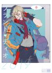  1boy 2019 alternate_costume bag bandaid bandaid_on_face bandaid_on_nose black_pants blonde_hair blue_eyes chain character_name closed_mouth dated dinosaur dio_brando hand_in_pocket headphones headphones_around_neck highres jacket jojo_no_kimyou_na_bouken lips long_sleeves looking_to_the_side loose_clothes pants red_scarf scarf shirt shoulder_bag speech_bubble steel_ball_run toy_dinosaur white_shirt youamo zipper 
