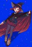  1girl :d bangs blue_background blush_stickers bong_(0u0bon) brown_footwear cape cape_lift dangan_ronpa_(series) dangan_ronpa_v3:_killing_harmony hair_ornament hand_up hat highres jacket miniskirt open_clothes open_jacket open_mouth pantyhose pleated_skirt red_cape redhead shirt shoes short_hair simple_background skirt smile solo witch_hat yumeno_himiko 