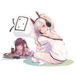  2girls ayanami_(azur_lane) ayanami_(niconico)_(azur_lane) azur_lane bag_of_chips bandaid bandaid_on_arm bare_shoulders blue_eyes brown_hair chips coca-cola colored_shadow controller food game_controller headgear headphones highres leaning_forward long_island_(azur_lane) looking_at_viewer looking_to_the_side lying multiple_girls no_shoes off_shoulder on_stomach pillow pillow_hug ponytail potato_chips red_eyes shadow shirt short_sleeves sitting skindentation soda_bottle thigh-highs u_jie white_background white_legwear white_shirt 