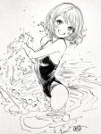  1girl bare_arms blush breasts cowboy_shot greyscale hands_up highres hiro_(dismaless) looking_at_viewer looking_to_the_side love_live! love_live!_sunshine!! medium_hair monochrome open_mouth partially_submerged scan school_swimsuit signature small_breasts smile solo splashing swimsuit traditional_media watanabe_you 