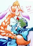  1girl animal_ears book braid breath_of_fire breath_of_fire_iii closed_mouth glasses gloves highres honey_(breath_of_fire) long_hair looking_at_viewer momo_(breath_of_fire) orange_hair rabbit_ears red_eyes robe simple_background smile solo 
