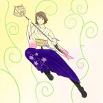  absurdres boots final_fantasy final_fantasy_x flower heterochromia highres japanese_clothes kimono looking_at_viewer plant traditional_clothes traditional_media yuna_(ff10) 