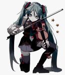  1girl bangs belt blank_stare blue_hair boots bow_(music) closed_mouth collared_shirt colored_skin dress empty_eyes expressionless green_eyes hair_ornament hatsune_miku hemostatic highres holding holding_instrument instrument long_hair long_sleeves music necktie one_knee playing_instrument pleated_dress shirt short_dress sleeveless sleeveless_dress solo star_(symbol) thigh-highs thigh_boots tie_clip twintails very_long_hair vocaloid white_skin 