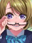  1girl :d bangs black-framed_eyewear blonde_hair blue_bow blue_neckwear bow bowtie close-up glasses green_background highres igarashi_kyouhei jacket koizumi_hanayo long_sleeves looking_at_viewer love_live! love_live!_school_idol_project medium_hair open_mouth purple_jacket removing_eyewear semi-rimless_eyewear simple_background smile solo striped striped_bow striped_neckwear swept_bangs under-rim_eyewear upper_body violet_eyes 