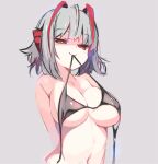  1girl ahoge antennae arknights arms_behind_back bare_arms bare_shoulders bikini bikini_in_mouth black_bikini breasts closed_mouth eyebrows_visible_through_hair grey_background grey_hair large_breasts looking_at_viewer navel red_eyes short_hair simple_background smug solo sukima_(crie) swimsuit symbol_commentary untied untied_bikini upper_body w_(arknights) 