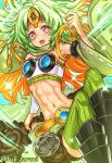  1girl abs armor armored_boots armpits bangs bare_shoulders blue_background boots breastplate commentary daigusto_sphreez detached_sleeves duel_monster flat_chest fuji_tarawi gradient_hair green_hair green_legwear green_scarf green_skirt green_sleeves green_tubetop groin headband highres holding holding_staff long_hair looking_at_viewer lower_teeth midriff miniskirt multicolored_hair navel open_mouth orange_hair parted_bangs pouch red_eyes red_headband ribbed_legwear scarf sidelocks single_arm_warmer single_detached_sleeve skirt solo sparkle staff strapless symbol-shaped_pupils thigh-highs tubetop twitter_username very_long_hair yu-gi-oh! zettai_ryouiki 