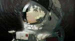  1girl astronaut bangs black_hair blurry blurry_background commentary eye_reflection eyebrows_visible_through_hair eyelashes flower from_side highres holding holding_flower light lips looking_up original redum4 reflection short_hair solo space_helmet upper_body visor yellow_eyes 