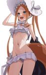  1girl abigail_williams_(fate) abigail_williams_(swimsuit_foreigner)_(fate) bangs bare_shoulders bikini black_jacket blonde_hair blue_eyes bonnet bow breasts fate/grand_order fate_(series) forehead hair_bow innertube jacket jacket_removed kopaka_(karda_nui) long_hair miniskirt navel open_mouth parted_bangs sidelocks skirt small_breasts smile swimsuit twintails very_long_hair white_background white_bikini white_bow white_headwear 