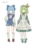  &gt;:) 2girls apron bangs blue_bow blue_eyes blue_hair blue_shorts bow brown_footwear brown_ribbon cirno closed_mouth daiyousei dress eyebrows_visible_through_hair floral_print frilled_apron frills green_dress green_eyes green_footwear green_hair hair_between_eyes hair_bow hair_ribbon highres kneehighs long_sleeves looking_at_viewer maid_apron multiple_girls one_side_up pantyhose print_dress puffy_long_sleeves puffy_sleeves ribbon risui_(suzu_rks) shirt shoes short_shorts shorts simple_background smile standing striped striped_bow touhou translation_request v-shaped_eyebrows vertical-striped_dress vertical-striped_shorts vertical_stripes white_apron white_background white_legwear white_shirt 