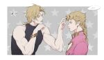  ... 2boys black_shirt blonde_hair bracelet braid cleavage_cutout closed_mouth clothing_cutout dio_brando earrings father_and_son giorno_giovanna gold_trim hair_rings highres jewelry jojo_no_kimyou_na_bouken lips looking_at_another medium_hair multiple_boys muscular musical_note pink_shirt shirt short_hair sleeveless sleeveless_shirt star_(symbol) upper_body youamo 