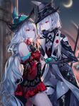  2girls absurdres arknights artist_name bangs bare_shoulders black_coat black_headwear black_neckwear blue_gloves blue_headwear breasts chinese_commentary coat commentary_request cowboy_shot crescent_moon dress eyebrows_visible_through_hair gladiia_(arknights) gloves hair_between_eyes highres long_hair looking_at_another moon multiple_girls open_clothes open_coat outdoors pointy_ears red_dress red_eyes sheya short_dress signature silver_hair skadi_(arknights) skadi_the_corrupting_heart_(arknights) small_breasts standing thighs very_long_hair yuri 