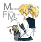  1girl akai_sashimi black_bag black_sailor_collar blonde_hair blue_eyes copyright_name long_sleeves looking_at_viewer mizunami_fossil_museum mizunami_mio profile sailor_collar shirt solo twintails upper_body white_background white_shirt 