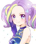  1girl aikatsu!_(series) aikatsu_planet! bangs blonde_hair blouse blue_blouse blue_eyes blue_gloves blue_hair blush close-up diamond_(symbol) face forehead from_side gem glitter gloves green_hair hair_intakes hand_on_own_cheek hand_on_own_face hand_up idol idol_clothes looking_at_viewer looking_to_the_side multicolored multicolored_eyes multicolored_hair orange_hair parted_bangs purple_hair ruri_(aikatsu_planet!) sidelocks simple_background sleeveless_blouse smile smug solo streaked_hair tamaki_ruri tiramisu651 twintails upper_body violet_eyes white_background 