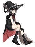  1girl black_cape black_eyes black_footwear black_gloves black_hair black_headwear black_legwear black_shirt black_shorts broom cape frown gloves hat highres invisible_chair looking_at_viewer original red_cape shirt shorts sitting sleeveless solo witch witch_hat xxxsoiu1 