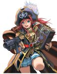  1girl blue_eyes gun hat highres katou_marika long_hair looking_at_viewer miniskirt_pirates open_mouth pink_hair pirate_hat simple_background skirt smile solo weapon white_background yasuda_akira 