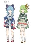  &gt;:) 2girls bangs bike_shorts black_shorts blue_bow blue_eyes blue_hair blue_kimono bow brown_bow brown_footwear cirno closed_mouth daiyousei eyebrows_visible_through_hair floral_print frilled_kimono frills green_eyes green_hair green_kimono hair_between_eyes hair_bow highres japanese_clothes kimono looking_at_viewer multiple_girls obi one_side_up print_kimono red_footwear risui_(suzu_rks) sash short_shorts shorts simple_background smile socks standing tabi touhou translation_request v-shaped_eyebrows white_background white_legwear zouri 