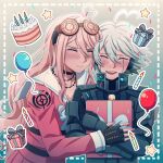  1boy 1girl :d ahoge android antenna_hair balloon bangs barbed_wire black_choker black_gloves blonde_hair blue_eyes blush box breasts cake candle cheer_(cheerkitty14) choker closed_eyes collarbone dangan_ronpa_(series) dangan_ronpa_v3:_killing_harmony english_commentary fingerless_gloves food gift gift_box gloves goggles goggles_on_head grey_background heart_ahoge highres hug iruma_miu keebo long_hair open_mouth pink_shirt pink_skirt pleated_skirt sailor_collar shirt skirt smile star_(symbol) 