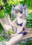  1girl absurdres artist_request blue_swimsuit breasts casual_one-piece_swimsuit coconut cowboy_shot eyepatch hammock highres hunting_knife infinite_stratos laura_bodewig long_hair looking_at_viewer nature navel official_art one-piece_swimsuit red_eyes silver_hair sitting small_breasts solo sparkle strapless strapless_swimsuit swimsuit third-party_source twintails 