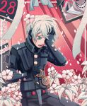  1boy ahoge black_pants cherry_blossoms covering_eyes cowboy_shot dangan_ronpa_(series) dangan_ronpa_v3:_killing_harmony english_commentary flower goggles goggles_removed grey_hair hair_flower hair_ornament hand_on_own_face highres holding holding_goggles iei iruma_miu keebo looking_down male_focus number pants petals pink_background pink_flower ribbon sad solo spoilers 