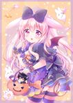  1boy 1girl absurdres animal_ears bangs bat_wings black_bow black_dress black_legwear blush bow bowtie breasts candy cat_ears chiika_(cure_cherish) demon_tail dress eyebrows_visible_through_hair finger_to_mouth food garter_straps hair_bow highres jack-o&#039;-lantern large_breasts lollipop long_hair looking_at_viewer miniboy open_mouth orange_legwear orange_ribbon original pink_hair rabbit_ears ribbon star_(symbol) striped striped_legwear tail thigh-highs two_side_up wings 