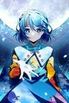  1girl akinomiya_asuka blue_eyes blue_hair capelet cloak hands highres moon rainbow sky solo tenkyuu_chimata touhou 