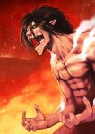  1boy abs absurdres bangs black_hair giant green_eyes hair_between_eyes highres male_focus muscular muscular_male nude open_mouth pointy_ears porupurucha rogue_titan saliva shingeki_no_kyojin solo steam teeth tongue 