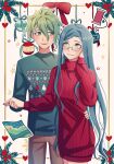  1boy 1girl amami_rantarou bangs blue_hair blush bow brown_eyes brown_pants cheer_(cheerkitty14) christmas_ornaments couple cowboy_shot dangan_ronpa_(series) dangan_ronpa_v3:_killing_harmony ear_piercing earrings english_commentary glasses green_eyes green_hair grin hair_between_eyes hand_on_another&#039;s_hip hand_on_own_cheek hand_on_own_face heart highres holding_hands jewelry long_hair looking_at_another map_(object) open_mouth pale_skin pants piercing red_bow red_nails red_sweater ribbed_sweater shirogane_tsumugi smile star_(symbol) sweater turtleneck turtleneck_sweater white_background 