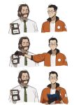  2boys badge black_hair blush bomber_jacket brown_hair cheetahman_(1ddghfr78cswc) disco_elysium expressionless facial_hair glasses gloves hair_slicked_back harry_du_bois highres holding jacket kim_kitsuragi male_focus multiple_boys mutton_chops necktie notebook pen round_eyewear shirt short_hair simple_background sleeves_rolled_up tie_clip undercut white_shirt 