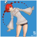  1girl ? ahoge android bangs black_shorts blue_background blue_eyes border bright_pupils dated detached_hair hair_between_eyes head_tilt heart highres hood hood_down hoodie ikeda_(cpt) long_sleeves outstretched_arms persona persona_5 persona_5_scramble:_the_phantom_strikers redhead shiny shiny_hair short_shorts shorts simple_background sophia_(p5s) twintails watermark white_border white_hoodie white_pupils wide_sleeves 