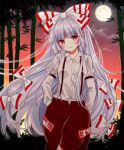  1girl bamboo bamboo_forest bangs blunt_bangs blush bow breasts closed_mouth clouds cloudy_sky collared_shirt commentary cowboy_shot crossed_legs dusk eyebrows_visible_through_hair forest fujiwara_no_mokou full_moon grey_shirt hair_bow hair_ribbon hand_in_pocket large_bow long_hair long_sleeves looking_at_viewer medium_breasts moon nature night night_sky okawa_friend orange_sky outdoors pants puffy_long_sleeves puffy_sleeves red_eyes red_pants ribbon shirt silver_hair sky smile solo straight_hair suspenders touhou tress_ribbon very_long_hair watson_cross white_bow white_ribbon wing_collar 
