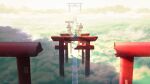  1boy clouds cloudy_sky commentary_request day fantasy hat highres japanese_clothes katana original outdoors scenery shuu_illust signature sitting sky solo sword tagme torii very_wide_shot wallpaper weapon 