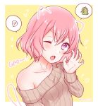  1girl bangs blush breasts closed_eyes long_sleeves looking_at_viewer niconico nqrse open_mouth pink_eyes pink_hair rummy_73 short_hair simple_background upper_body utaite_(singer) 