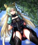  1girl ahoge animal_ears atalanta_(fate) blonde_hair cat_ears dress fate/apocrypha fate/grand_order fate_(series) free_note017 green_hair lifted_by_self long_hair multicolored_hair puffy_short_sleeves puffy_sleeves short_sleeves solo two-tone_hair 