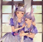  2girls :3 animal_ears aqua_ribbon bangs blush bow braid braided_ponytail brown_headwear commentary_request crossed_arms ear_ribbon eyebrows_visible_through_hair gold_ship_(umamusume) hair_bow hands_on_another&#039;s_cheeks hands_on_another&#039;s_face highres horse_ears horse_girl horse_tail indoors looking_at_another looking_at_viewer mejiro_mcqueen_(umamusume) multiple_girls pillbox_hat pink_bow pink_eyes puffy_short_sleeves puffy_sleeves purple_bow purple_hair purple_shirt ribbon shirt short_sleeves silver_hair skirt swept_bangs tail tsunakawa twintails umamusume upper_body vector_trace violet_eyes white_skirt 