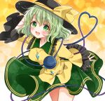  1girl :d black_headwear blush breasts commentary cowboy_shot eyebrows_visible_through_hair floral_print frilled_sleeves frills gem glint gradient gradient_background green_eyes green_hair green_skirt hair_between_eyes hand_on_own_head hat hat_ribbon heart heart_background heart_of_string komeiji_koishi leaning_forward light_green_hair light_particles looking_at_viewer medium_breasts okawa_friend open_mouth orange_background ribbon shirt short_hair skirt smile solo sparkle thighs third_eye touhou wavy_hair wide_sleeves yellow_ribbon yellow_shirt 