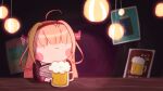  1girl ahoge alcohol bangs beer beer_mug blunt_bangs blush_stickers chibi counter cup highres hololive horns indoors kiryu_coco long_sleeves maciel_panqueques mug orange_hair poster_(object) smile solo virtual_youtuber 